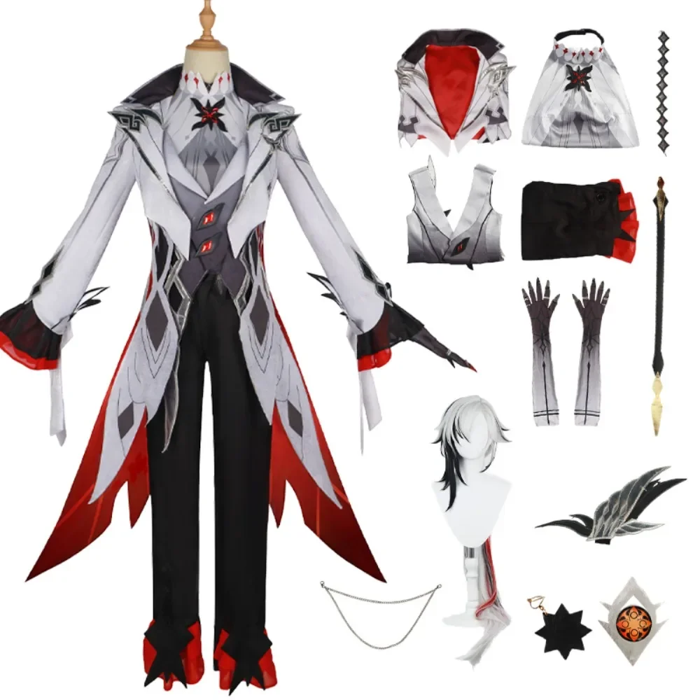 Genshinn Impact Harlequin Cosplay Costume Wig Servant Uniform Suit Halloween Carnival Party Role Play Full Set for Adult Women