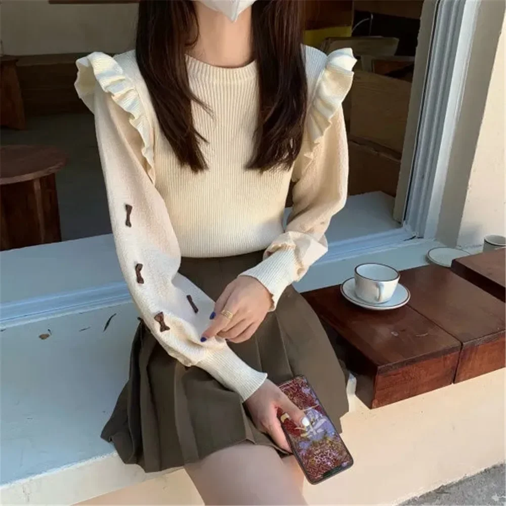 Vintage Patchwork Ruffles Knitted Sweater Women Brown Sweet Bow O-Neck Pullover Korean Black Students Preppy Lantern Sleeve Top