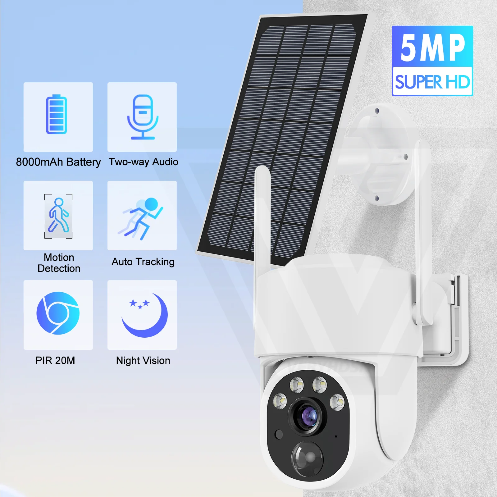 5MP IP Solar Power WiFi Camera PTZ Outdoor IP66 impermeabile 8000mAh batteria integrata sorveglianza Cam PIR rilevamento umano 5X Zoo