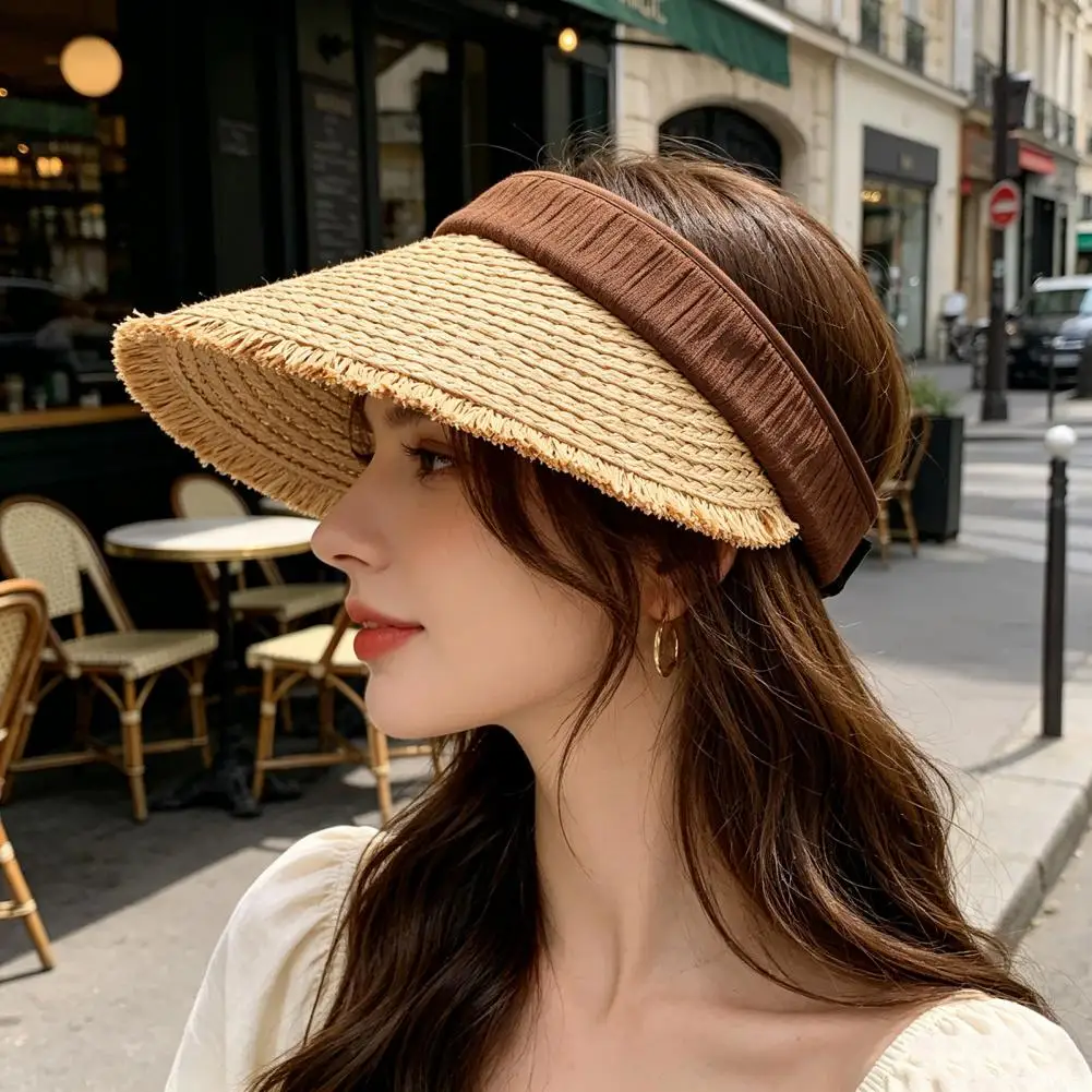 Summer Sun Hat Packable Straw Hat Foldable Braided Straw Sun Hat Wide Brim Uv Protection Breathable Hollow Top Summer Travel