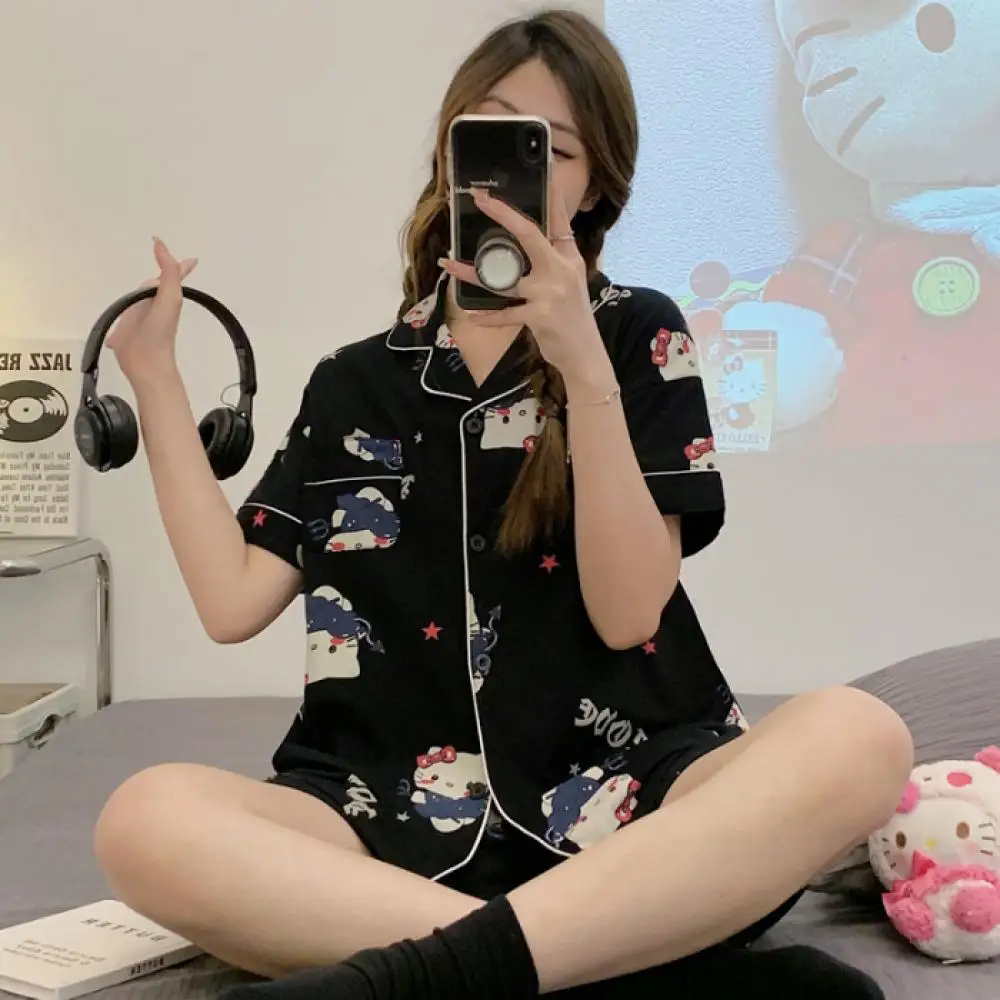 

Летний пижамный костюм в стиле аниме «Hello Kitty» из 2 предметов Sanrio Kawaii Kuromi Cinnamoroll для женщин, милые шорты с короткими рукавами, свободные