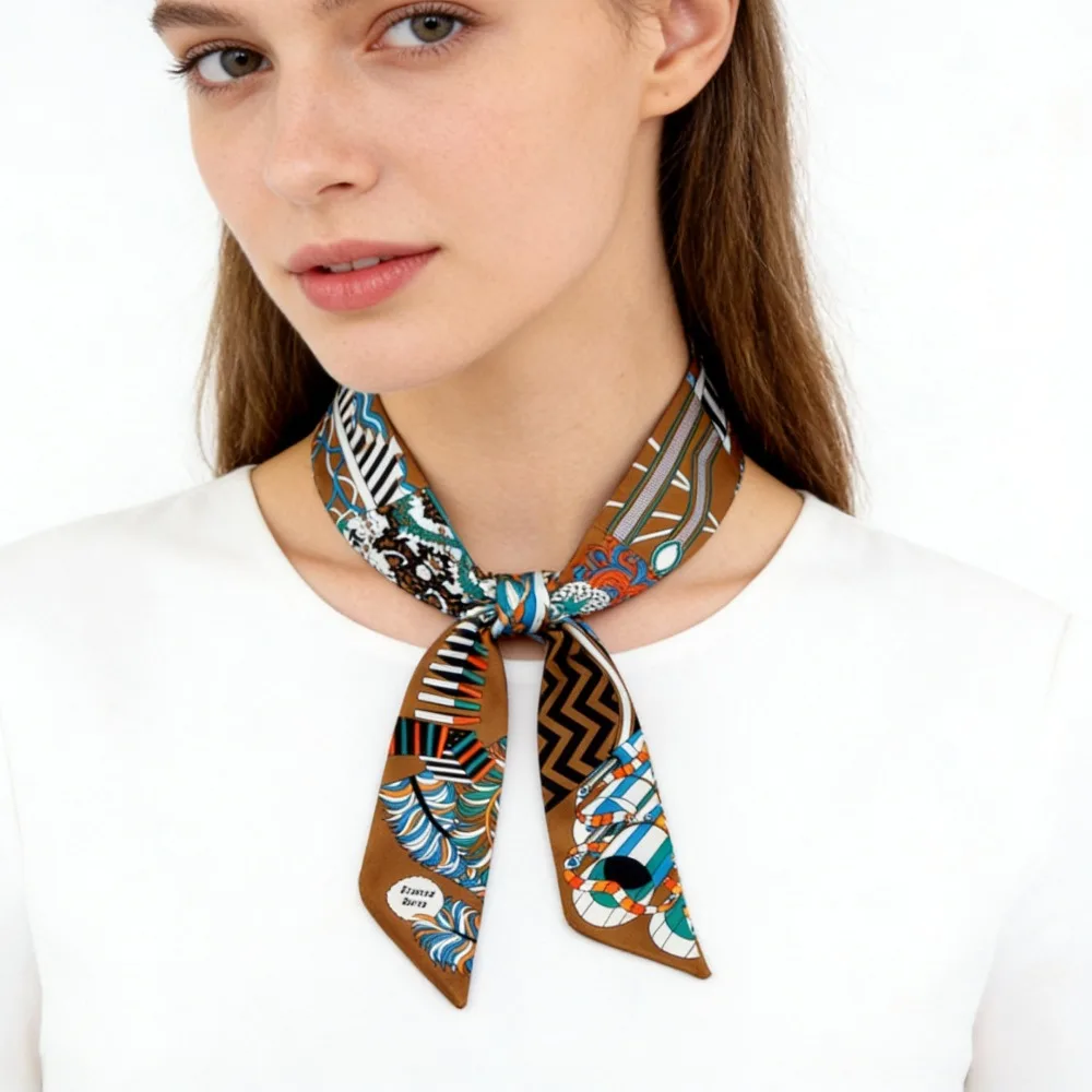 

Luxury Foulard Silk Scarf for Women, Skinny Bag Scarves, Headband Neckerchief