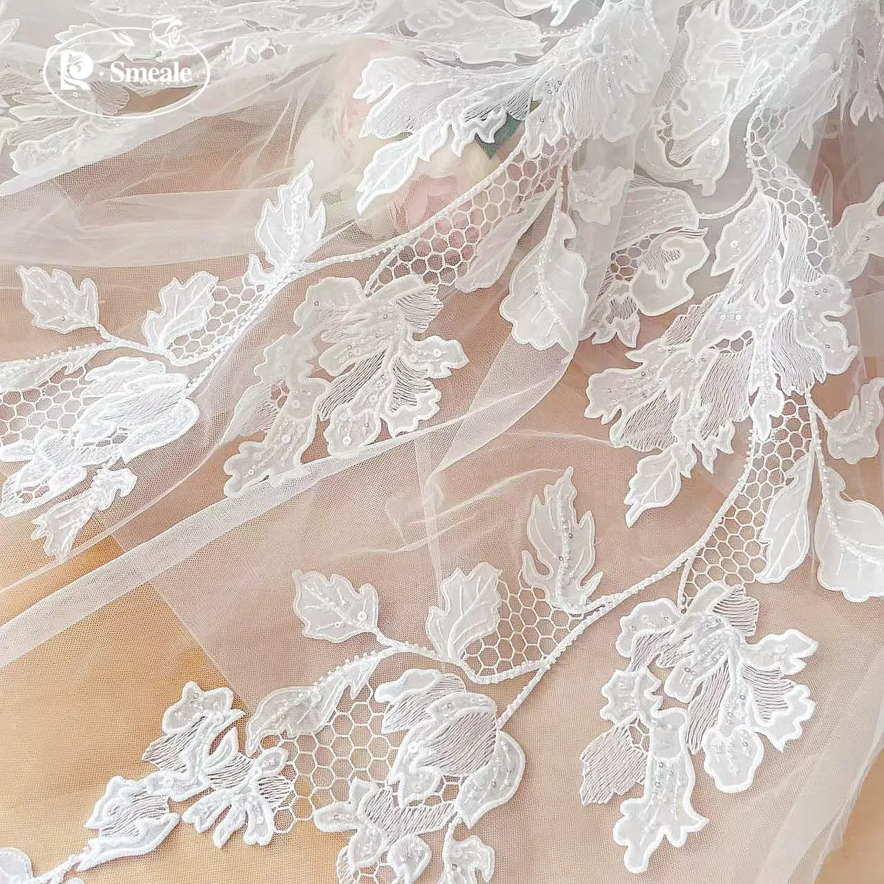 Luxuriöses, perlenbesetztes Pailletten-Hochzeitskleid, Wabenstoff mit großem Blatt. Fortschrittliches, maßgeschneidertes Nähen, Gaze-Braut-Spitzenstoff RS2506266 – Detail 7
