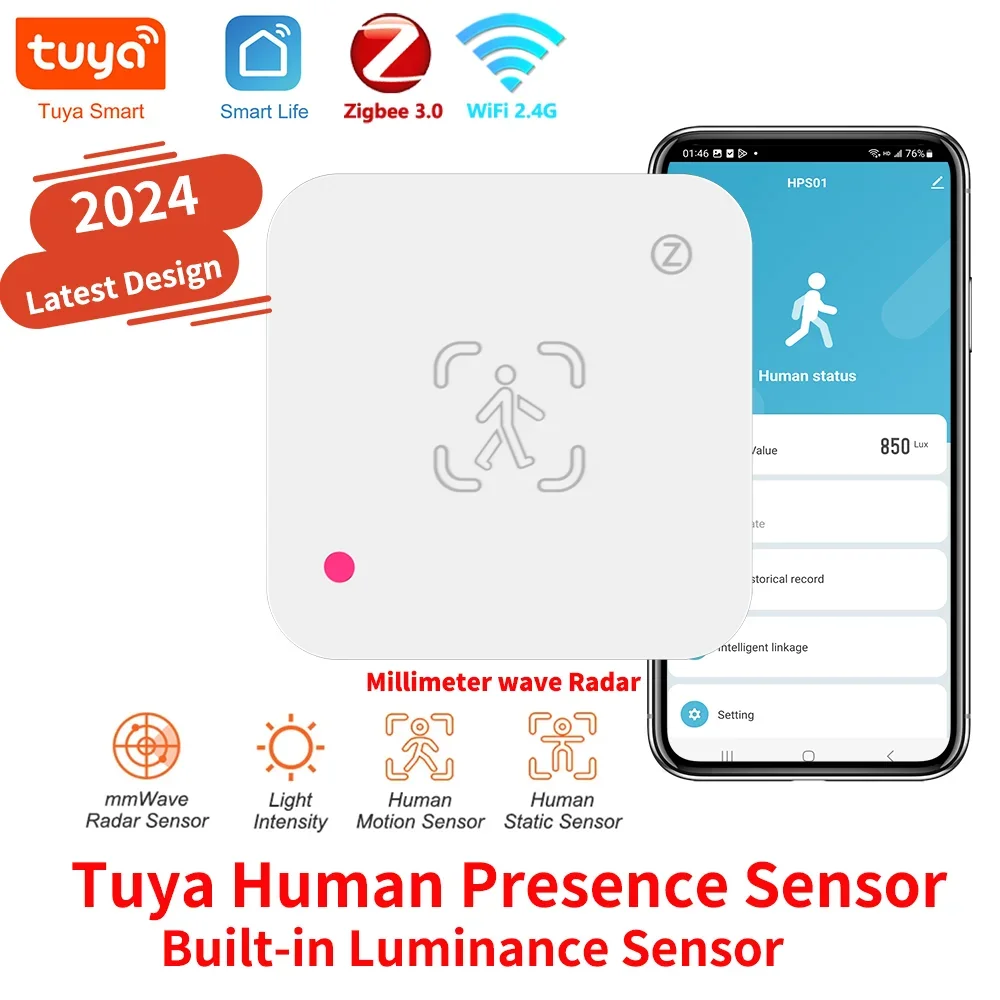 

Датчик присутствия человека Tuya Zigbee с Wi-Fi, MmWave радар-детектор с датчиком яркости для умного дома, сменный PIR-датчик