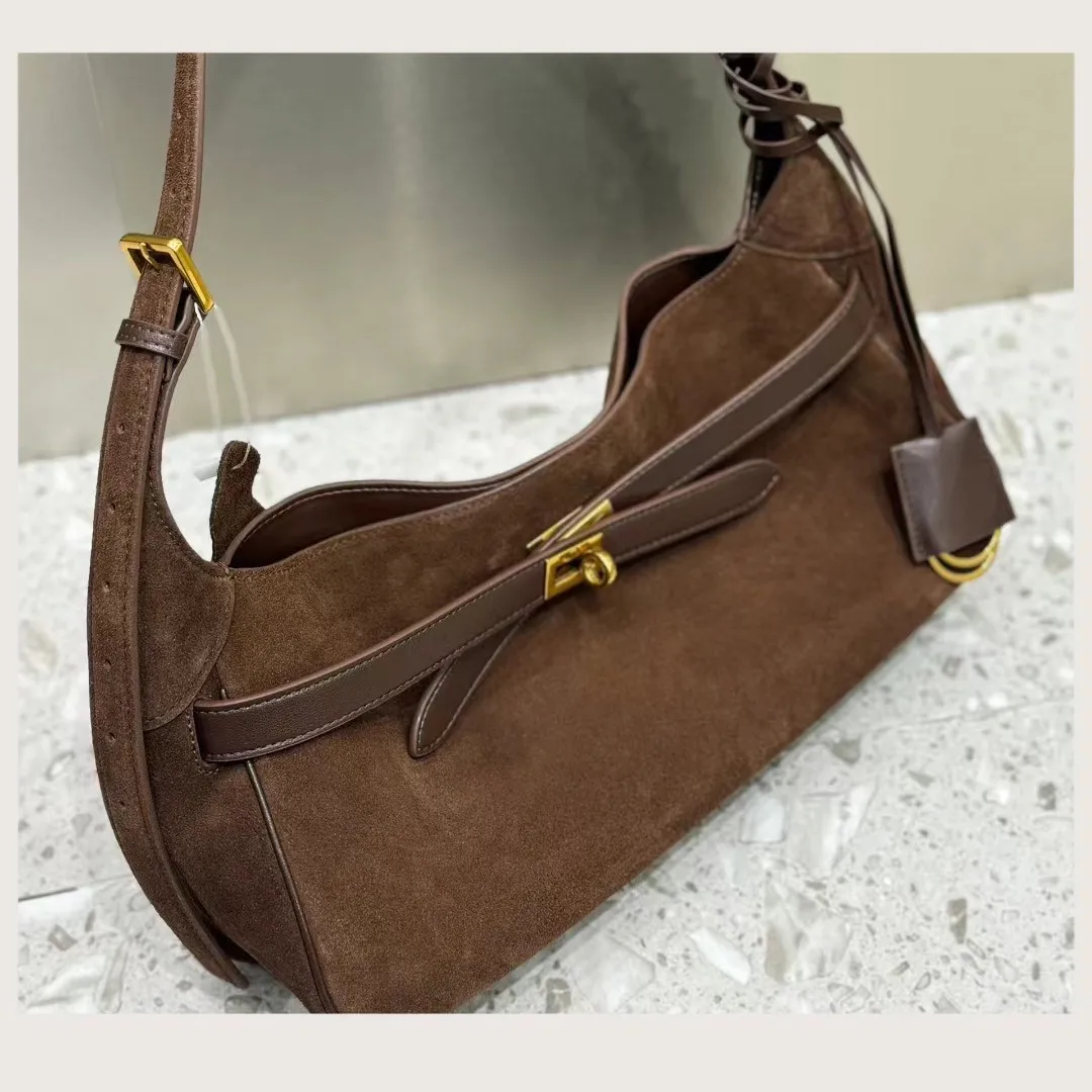 

100% Genuine Leather 2025 Fall/Winter New Lock Buckle Suede Cowhide Shoulder Bag, High-End Real Leather Underarm Bag for Women