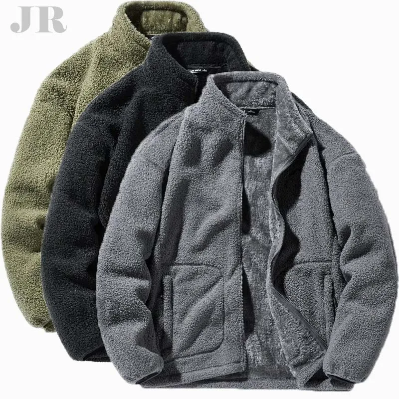 Men's Wool Warm Loose Casual Jacket Outdoor Fleece Solid Color Multi-pocket Stand-up Collar Jacket