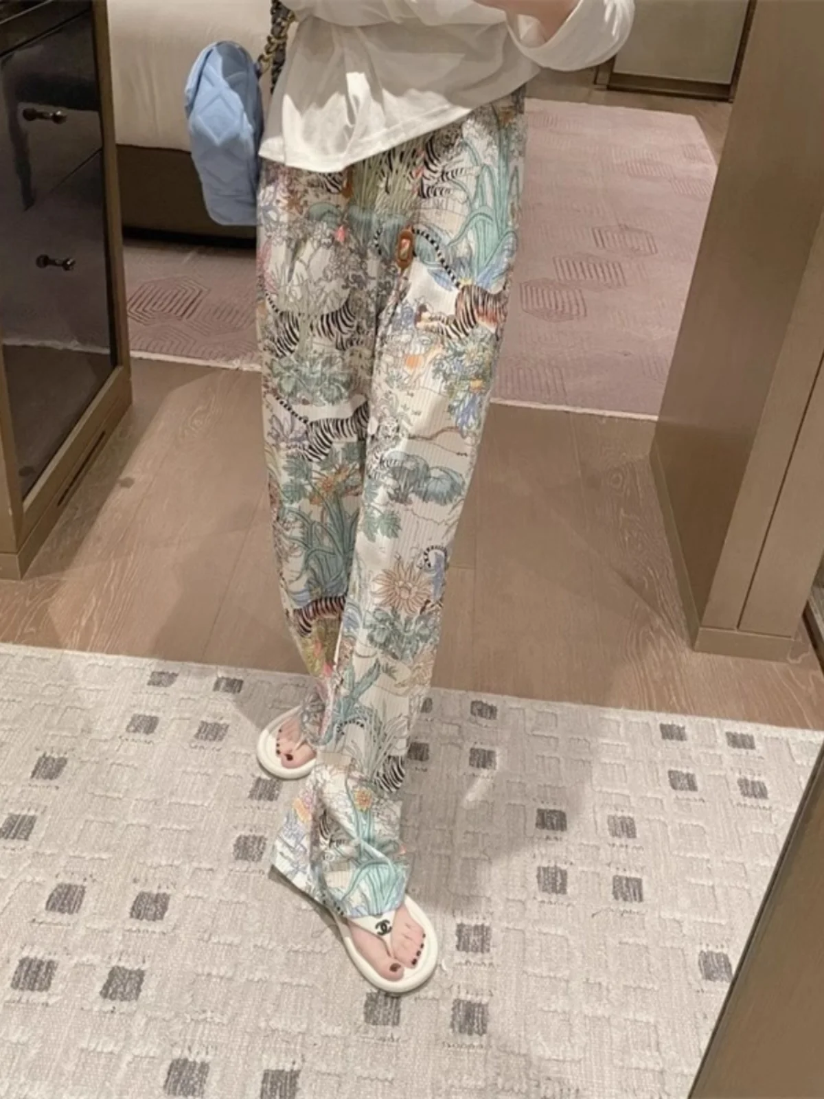 Ice Silk Tiger Pattern Wide Leg Pants Women\'s Summer Thin Home Sleepwear Straight Casual Cool Loose Fit Korean Style High Wai...