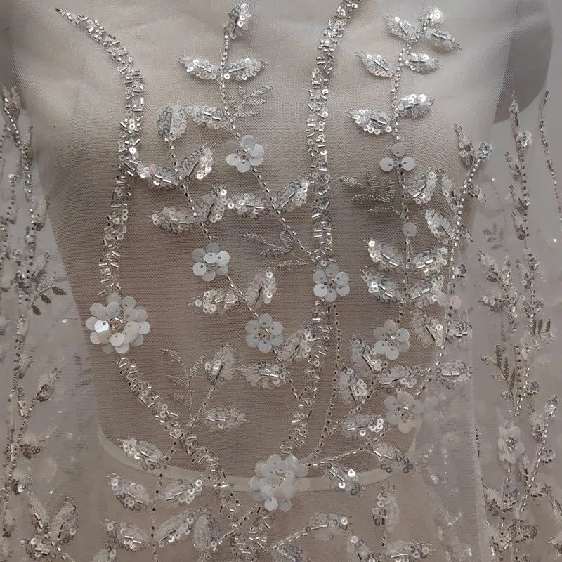 New Silver Wave Sequin Lace Fabric Perfect for DIY Wedding Dresses and Garment Decorations as Fashionable Clothing Accessories