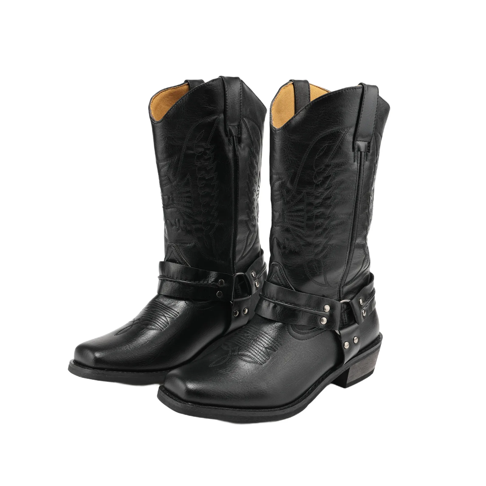 Men Embroidered Cowboy Boots Retro Rivet Western Boots PU Leather Riding Boots Halloween Dress Up Shoes