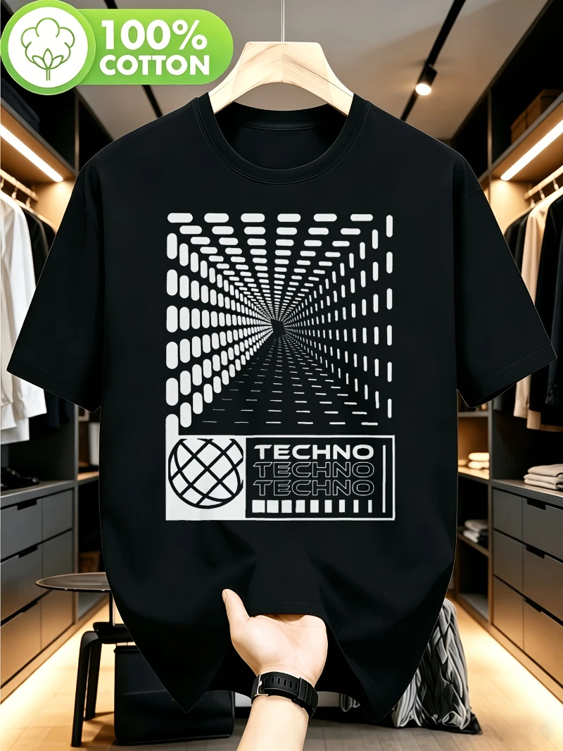 Men's Tech-Music Graphic T-Shirt – Dark Grey with White Retro-Futurist Design – Breathable, Moisture-Wicking Fabric