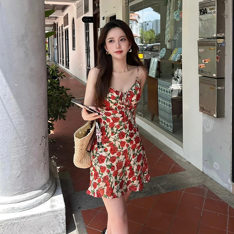 

Lace-up Retro Rose Flower Print Spaghetti Strap Women Summer Holiday Mini Dress