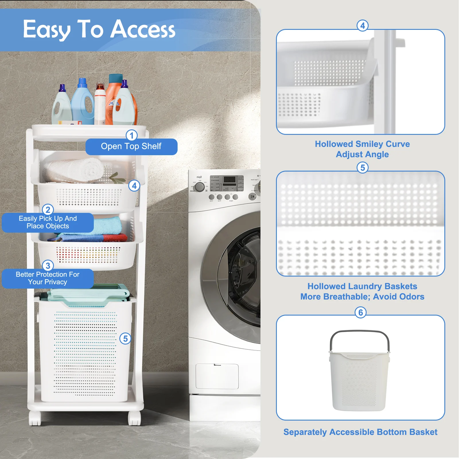 2/3단 이동식 세탁 바구니, 휴대용 롤링 세탁통, 세탁물 보관함 (탈부착 가능한 바구니 3개 및 바퀴 포함)