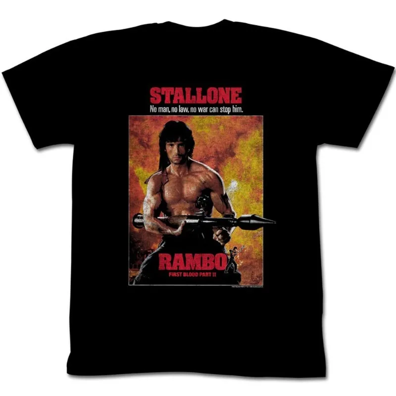Camiseta Estampada Rambo Masculina, Clássica de Verão, Padrão de Filme de Ação, Manga Curta, Casual, Estilo Streetwear, Caimento Solto, Camiseta para Fãs de Filmes