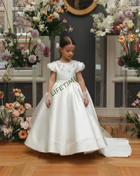 White Flowers Girl Dress Tank Sleeve Shining Crystal Pearls Stones Full Satin Floor-length Skirt Ball Gown Wedding