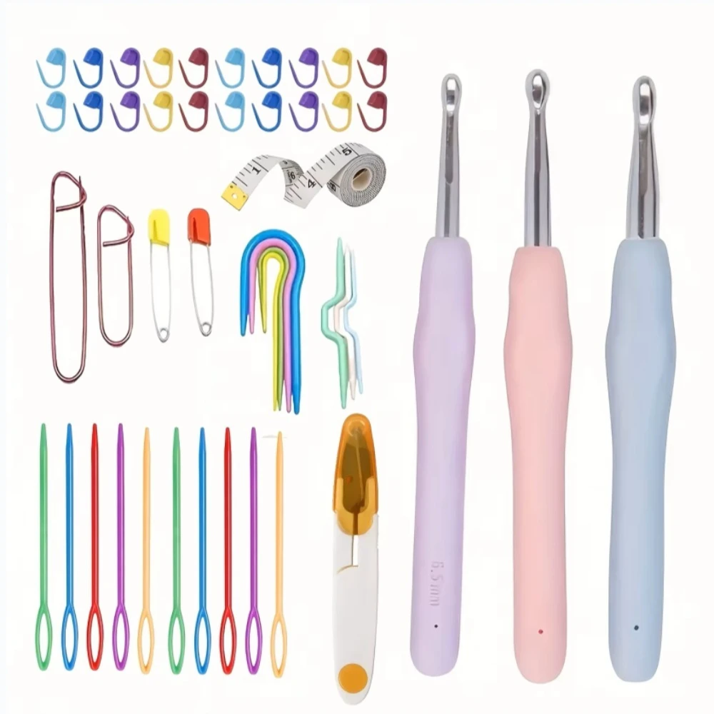 Ergonomic Crochet Hooks Set Large Size Yarn Knitting Needles Kit with Stitch Markers Tape Measure Sewing Tool Accessories