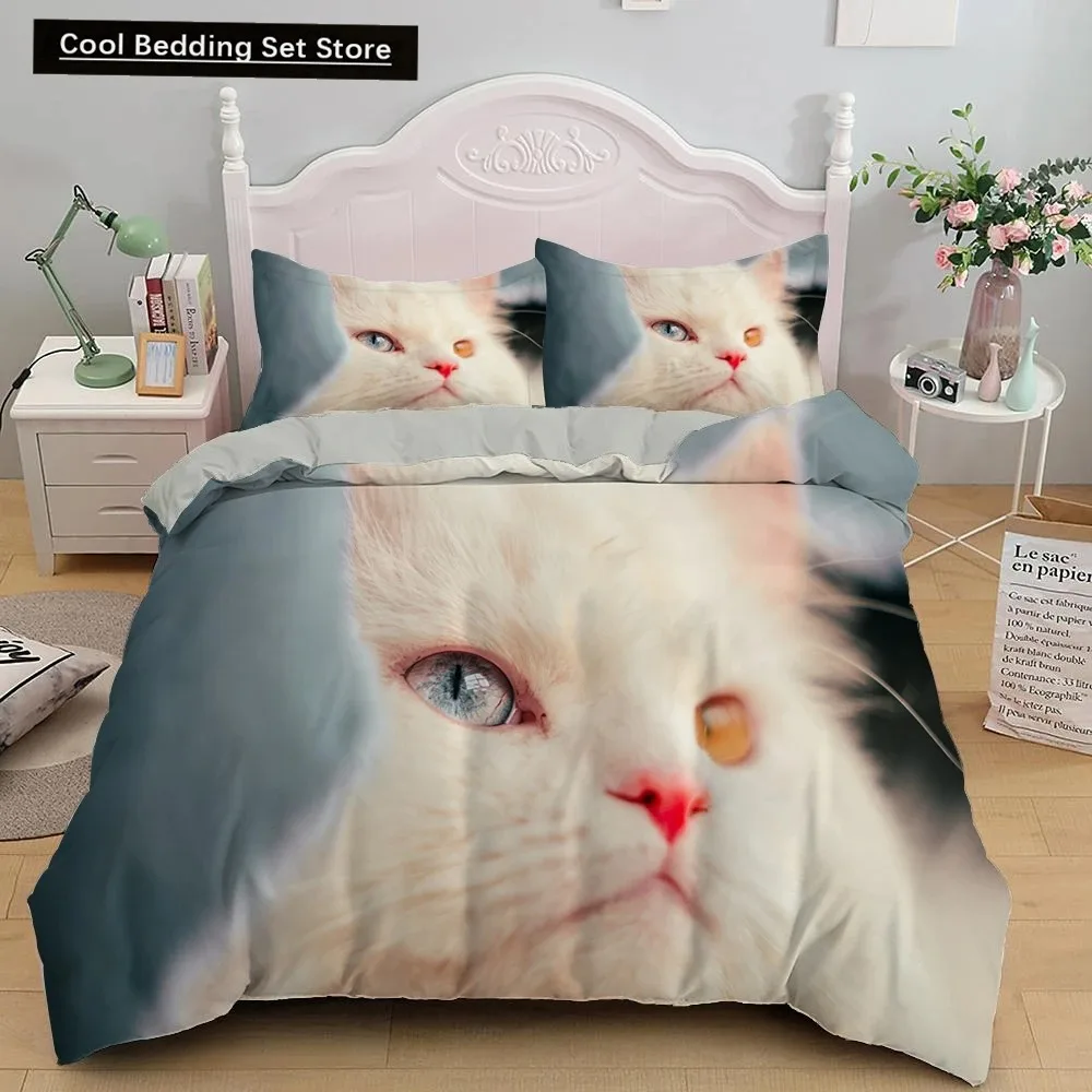 

White Cat King Queen Duvet Cover Kawaii Pet Kitty Bedding Set for Kids Teens Adults Family Animal 23pcs Polyester Quilt Cover