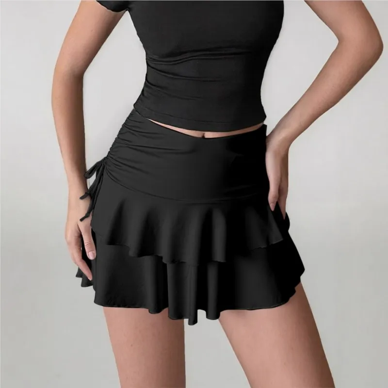 Elegance Elastic Waist Lace Up Double-Layer Cake Skirt Spring Summer Women's Sexy Versatile  Solid Color Fashion Short Skirt