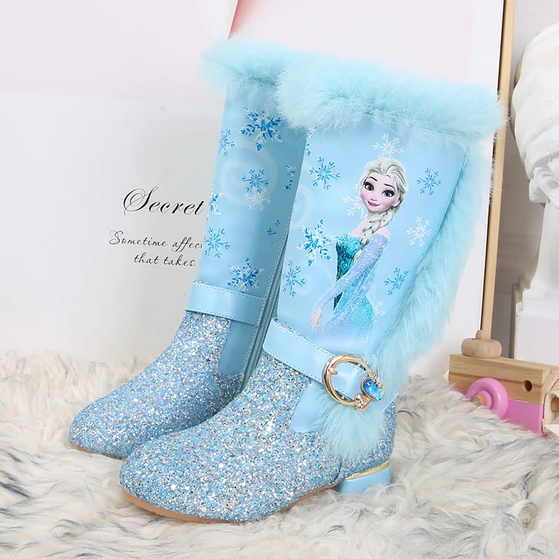 Girls High Heel Boots Autumn And Winter New Children\'s High Tube Plush Snow Boots Elsa Princess Long Boots