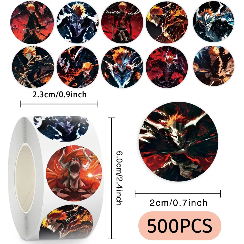 500 Stück/Rolle Anime BLEACH Siegelaufkleber Coole Ichigo Kurosaki Aufkleber Laptop Handy Lehrer-Belohnung Dekoration Etiketten Aufkleber Spielzeug