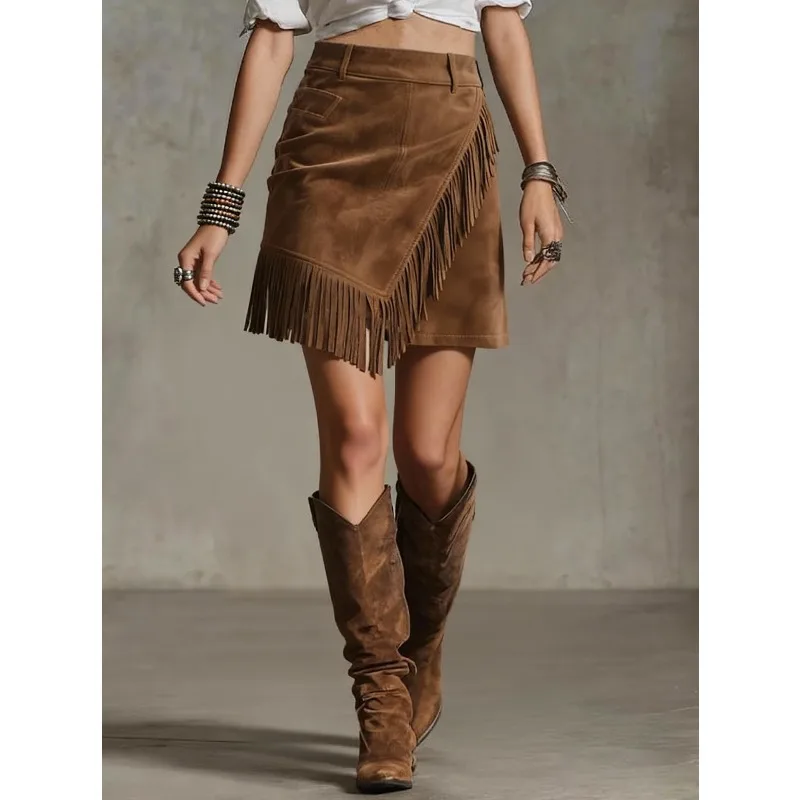 A Retro and Fashionable Half Skirt Fashion A New European and American Style Suede Asymmetrical Fringed Hip-hugging Short Skirt