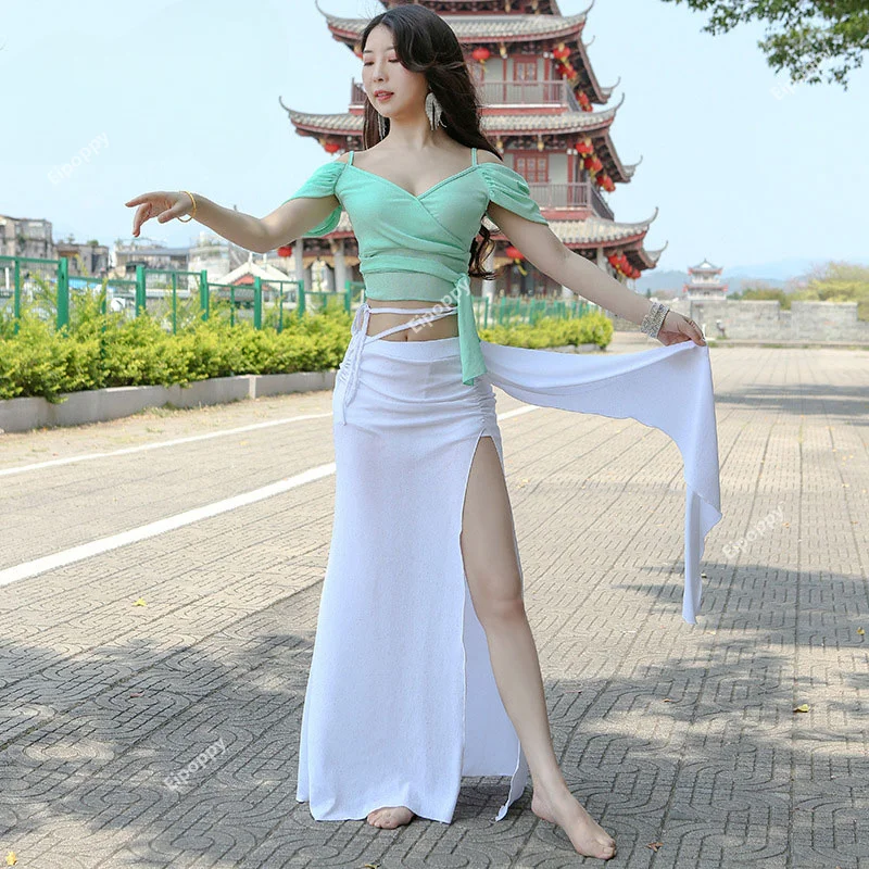 

Korea Women Belly Dance Costumes for Women Exotic Dancewear Top split Long Skirt 2pcs Oriental Belly Dance Outfit Training Suit