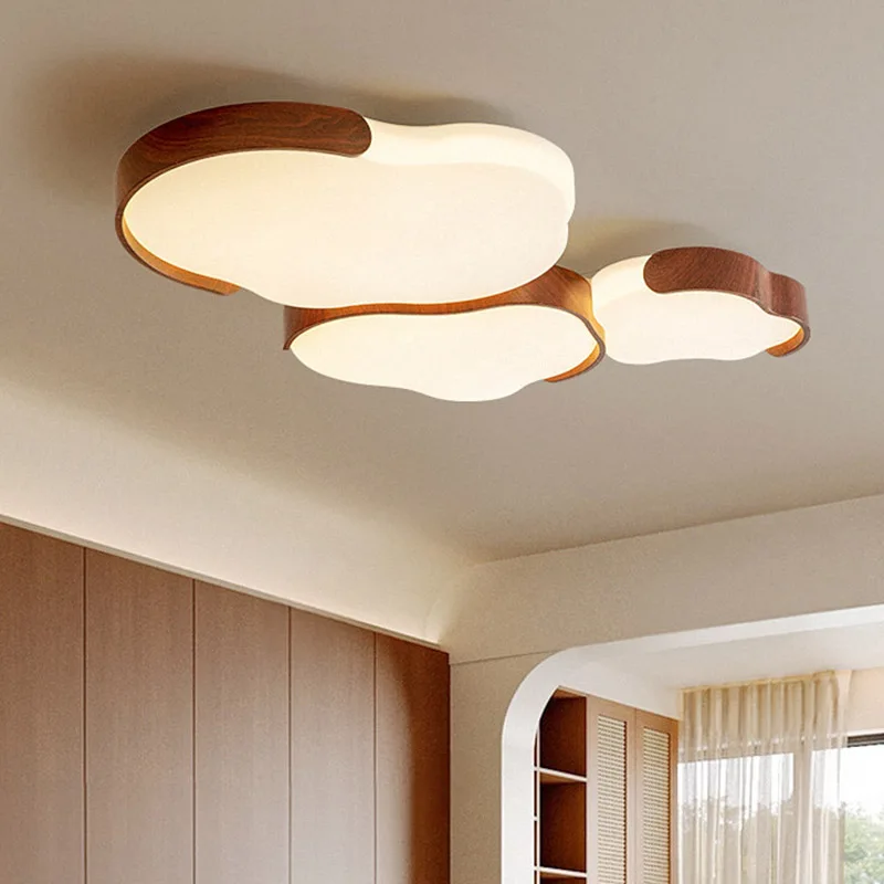 Retro Mid-Century Modern Creamy Cloud Ceiling Light, Wabi-Sabi Wood Grain Flush Mount, High Lumen Full Spectrum Eye Protection L