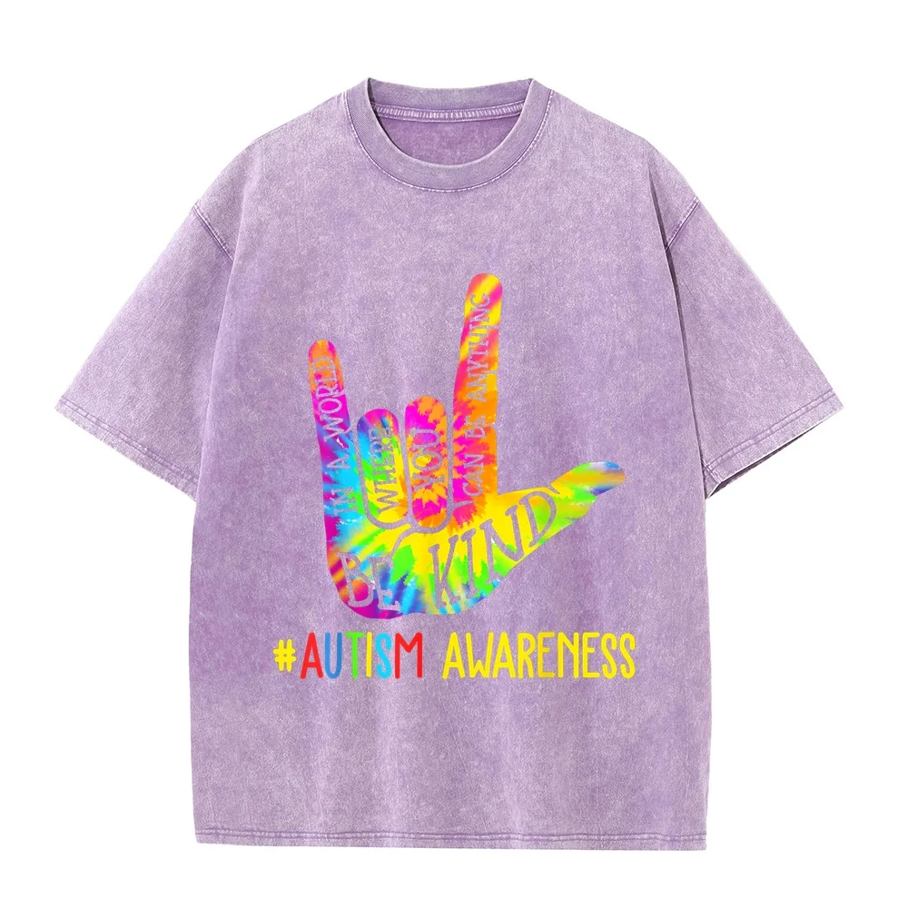 Be Kind ASL Love Sign Language Hand Autism Awareness Tie Dye T-Shirt T Shirts Men Japanese Anime Korean Popular Clothes Shirt