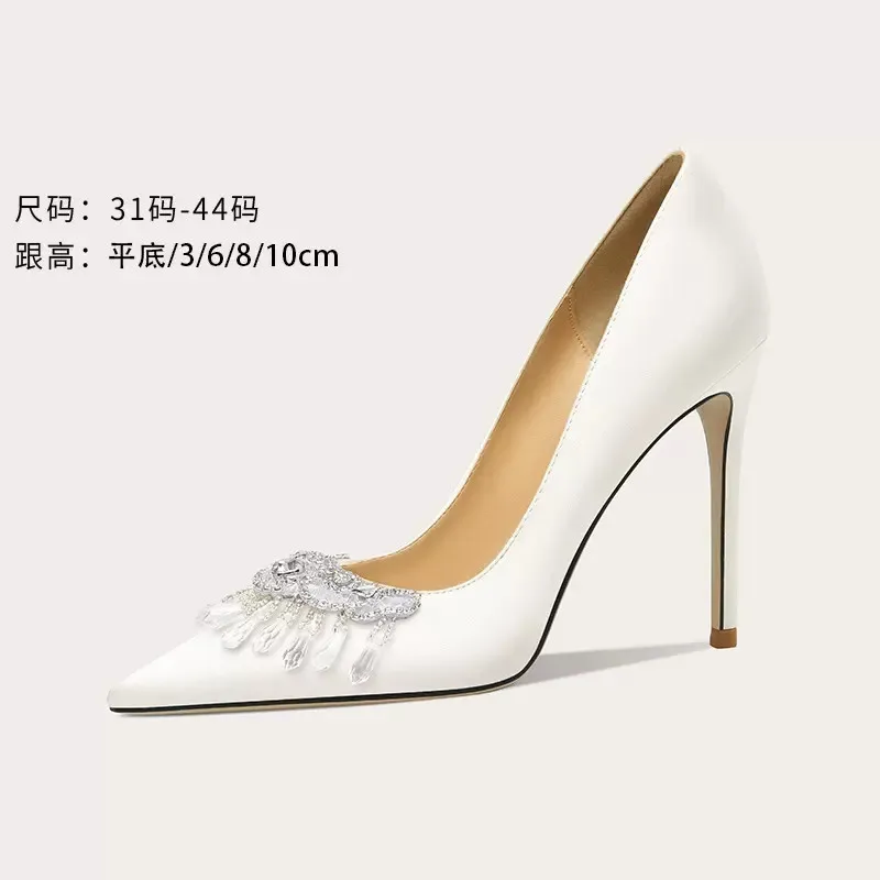 

Spring and summer pointed head silk face diamond beaded flat wedding shoes thin high heel dress large small women's single shoes