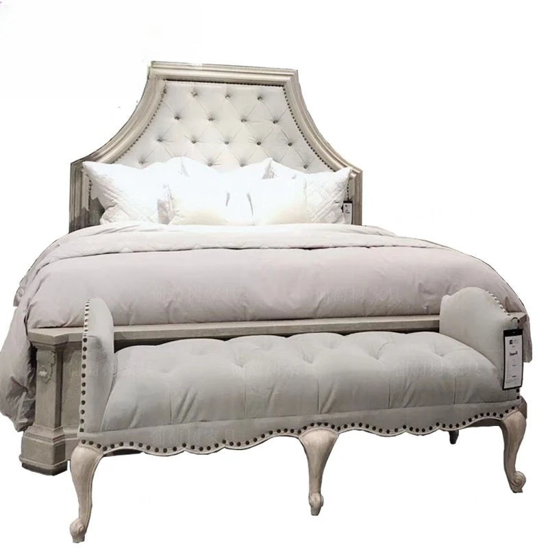 light luxury, revival old gray double bed, French country birch bed furniture