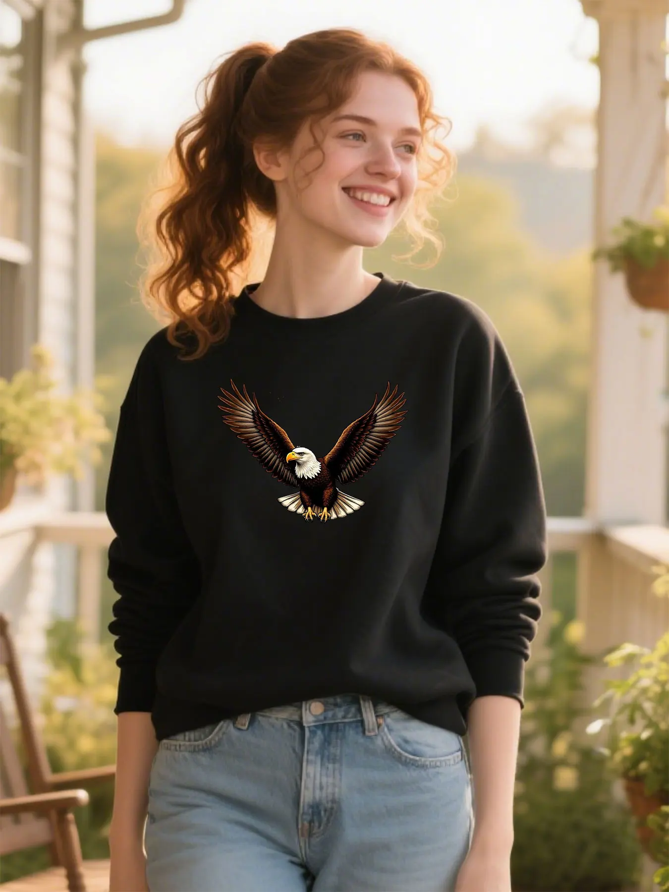 

Premium Soft Cotton Blend Crewneck With Detailed Eagle Print Multicolor Feathers Unisex Comfort Thanksgiving Apparel​