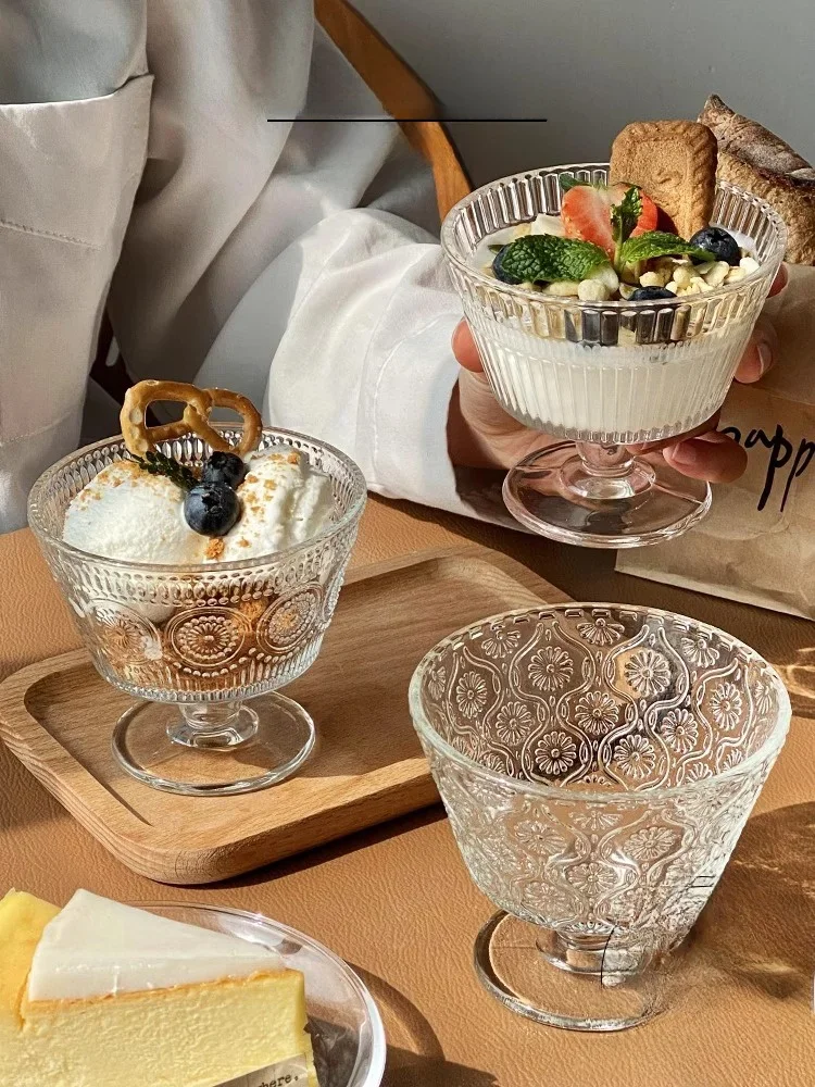 Retro Embossed Stemmed Glass Cup - Elegant Cylindrical Goblet for Dessert, Yogurt & Wine, Aesthetic Cafe Drinkware