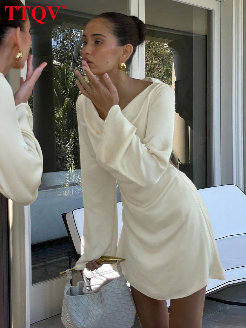 

TTQV Sexy Loose Yellow Satin Dress Ladies Bodycon O-Neck Long Sleeve Mini Dress Elegant Classic Backless Dresses For Women