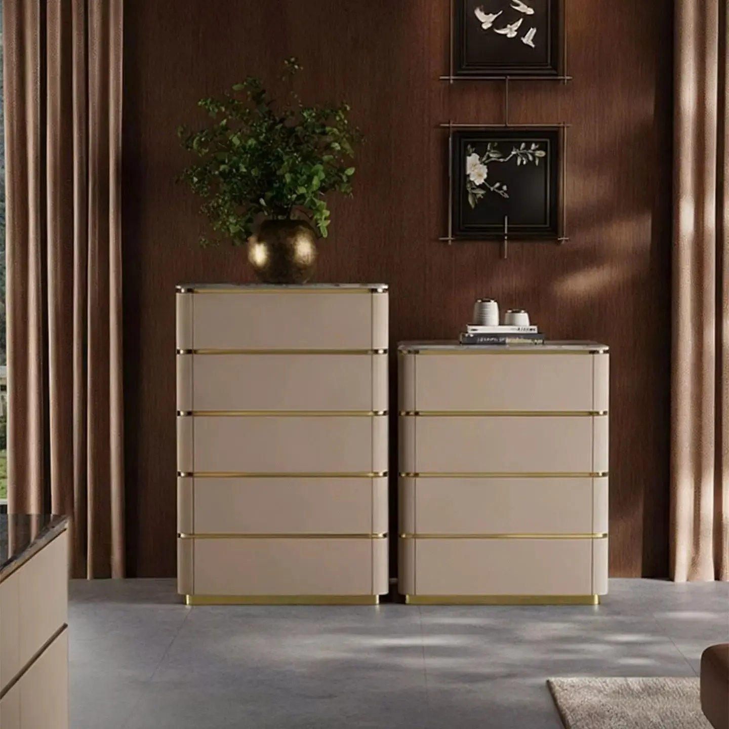 Italian light luxury five or six chest combination modern simple bedroom drawer bedside cabinet solid wood marble villa
