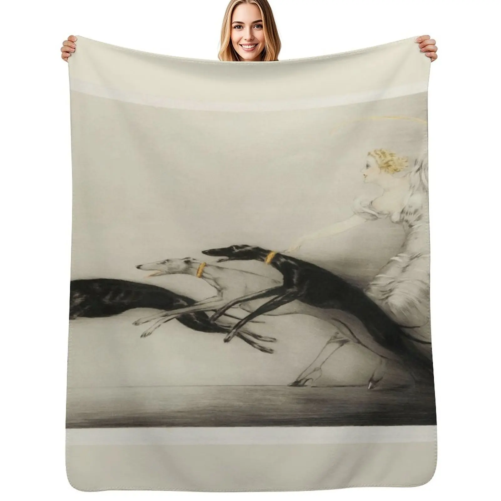 

Vintage Art Deco illustration, woman walking her greyhound dogs Throw Blanket Sleeping Bag Large Sofa Throw Blankets