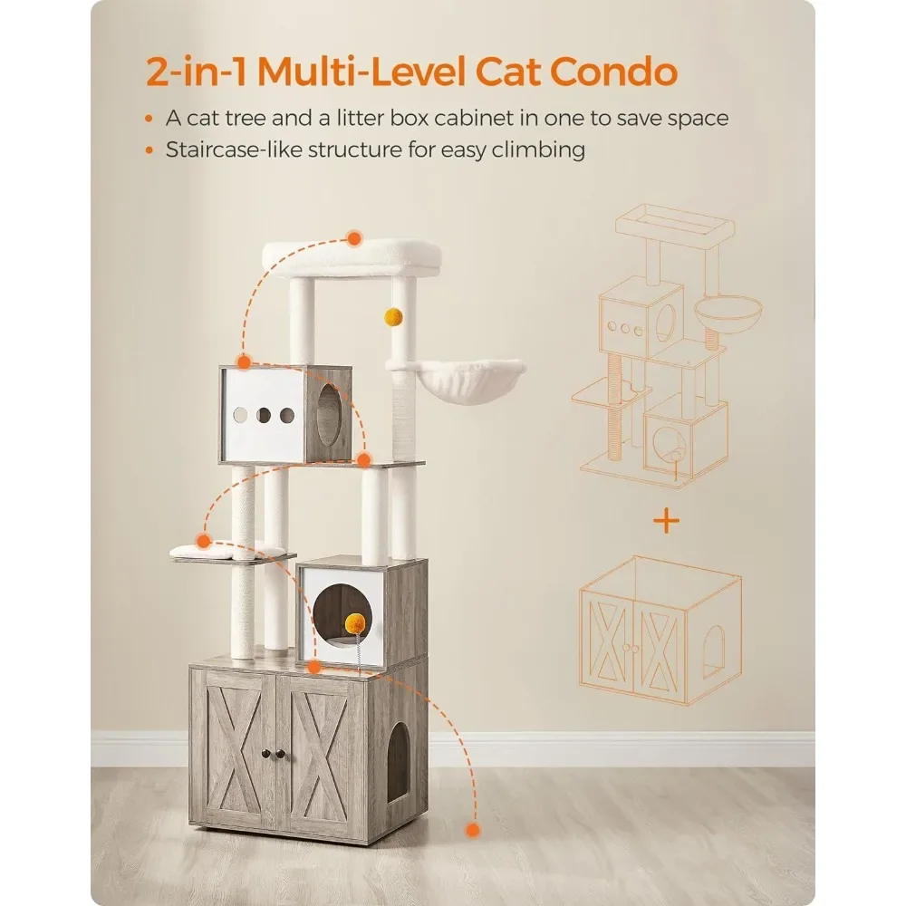 Cat Tree  2-in-1 Modern Cat Tower 72.8-Inch Tall Cat Condo with Scratching Posts Perch Caves Basket Washable Cushions