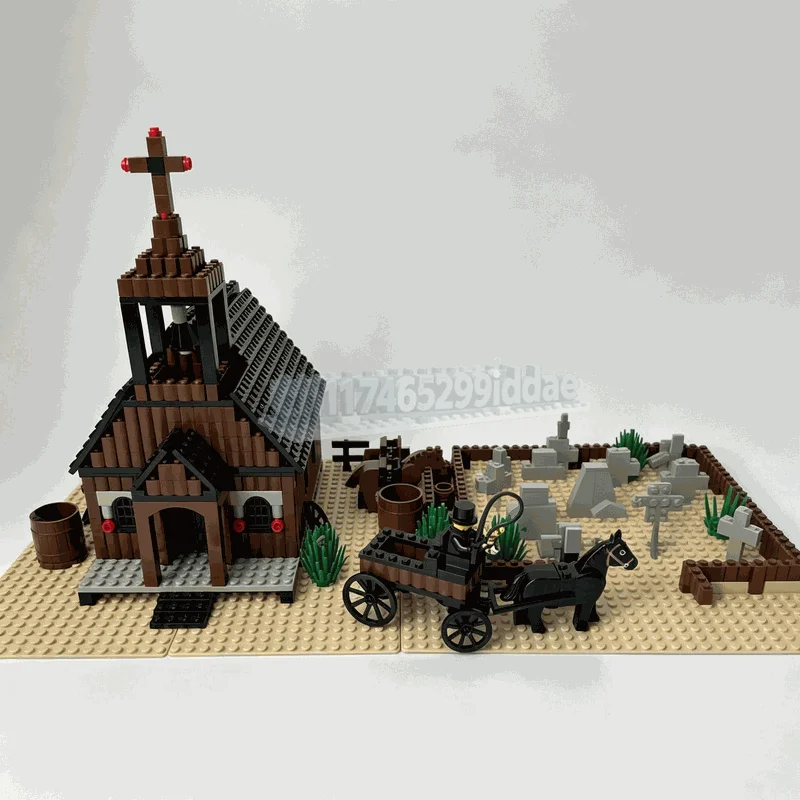 545PCS Western Old Church And Cemetery Scene Model Custom Building Blocks DIY Assembly Wild West Town Diorama Collection Gifts