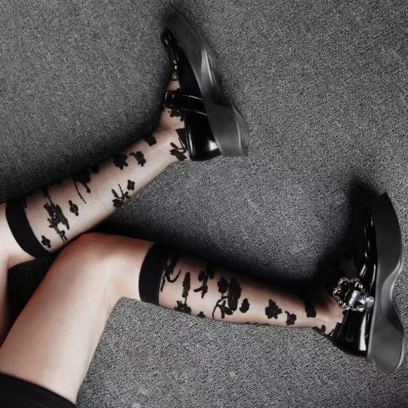 Summer Ultra-thin Transparent Nylon Long Socks Stockings Japanese Fashion Flower Knee Socks Vintage Crystal Silk Socks Stockings view 4