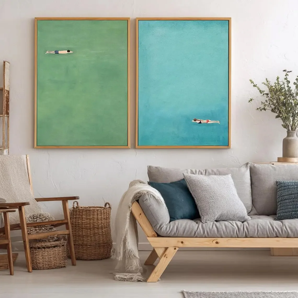 2pcs frameles,Two-piece Set: Wall Decoration, Retro Poster, Blue-green Aquatic Art Canvas Painting, and A Poster Depicting A Swi