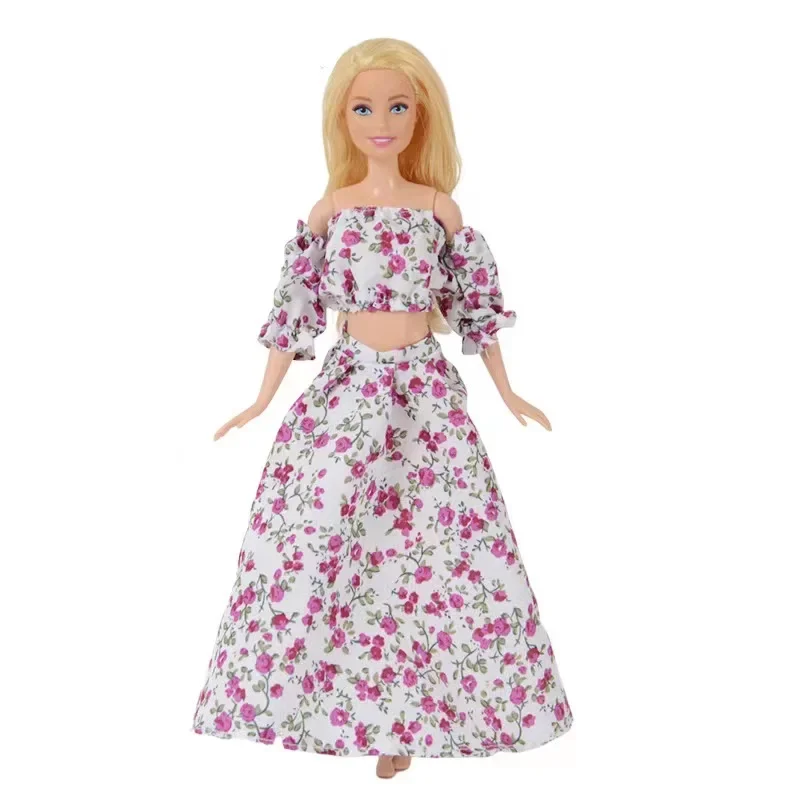 Pretty 1/6 Doll Clothes Purple Floral Puff Sleeve Top Skirt For Barbie Dolls Accessories For Barbie Clothing Gown Outfits 11.5