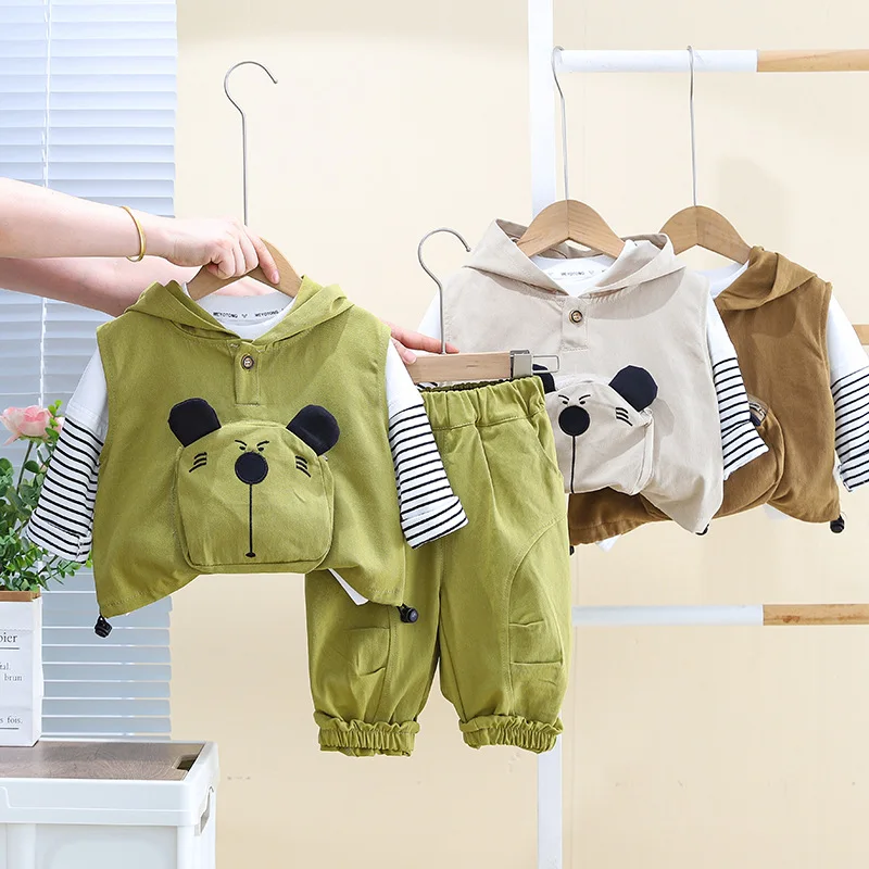 Boys Clothes Sets Spring Autumn Children Cute Hoodies Vest T-shirts Pants 3pcs Casual Suit For Baby Tracksuits Kids Outfits 4 5Y