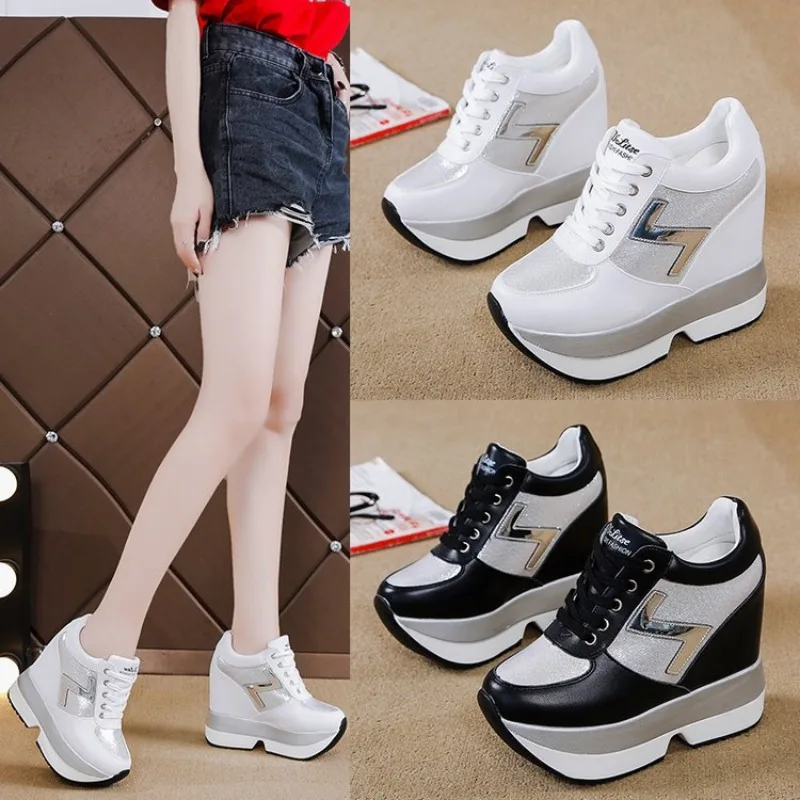 Comemore Wedge 10cm Thick Sole Tennis Sports Fashion White Sneakers Women\'s Platform Casual Shoes Height Increasi Leathe Shoe 34