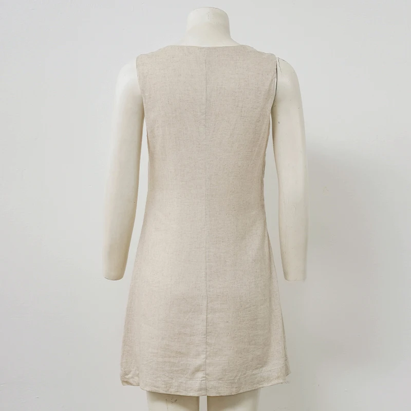 فستان كتان غير رسمي بدون أكمام أنيق للنساء مثير برقبة على شكل حرف v فساتين أنيقة غير رسمية من القطن والكتان ملابس صيفية جديدة