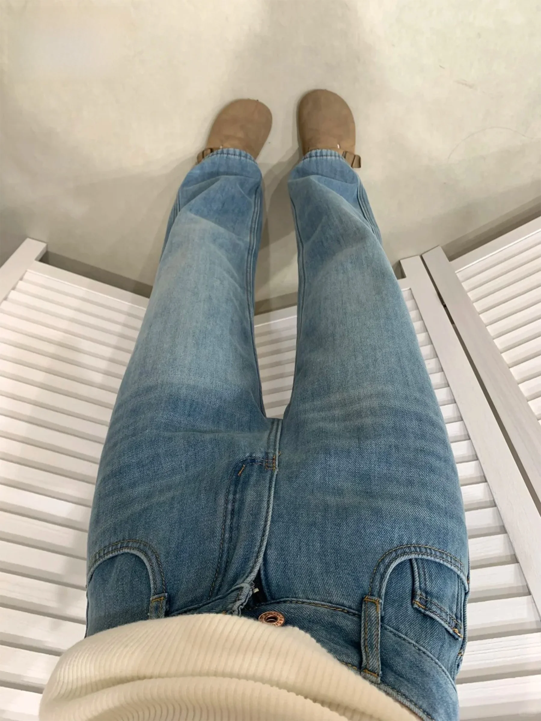 

Loose High Waist Slimming Straight Leg Fleece Lined Floor Length Blue Jeans Women's Casual High Waist American Style Jeans