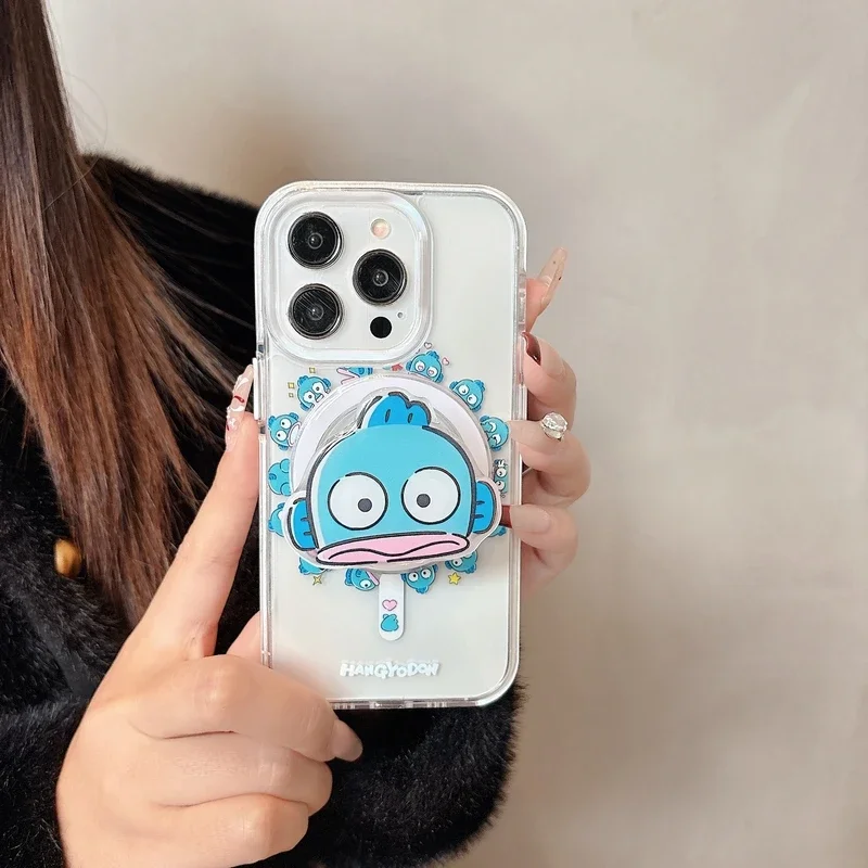 Cute Cartoon Sanrio Hangyodon Magnetic Holder Magsafe Wireless Charge Phone Case For iPhone 16 15 14 13 Pro Max Clear TPU Cover