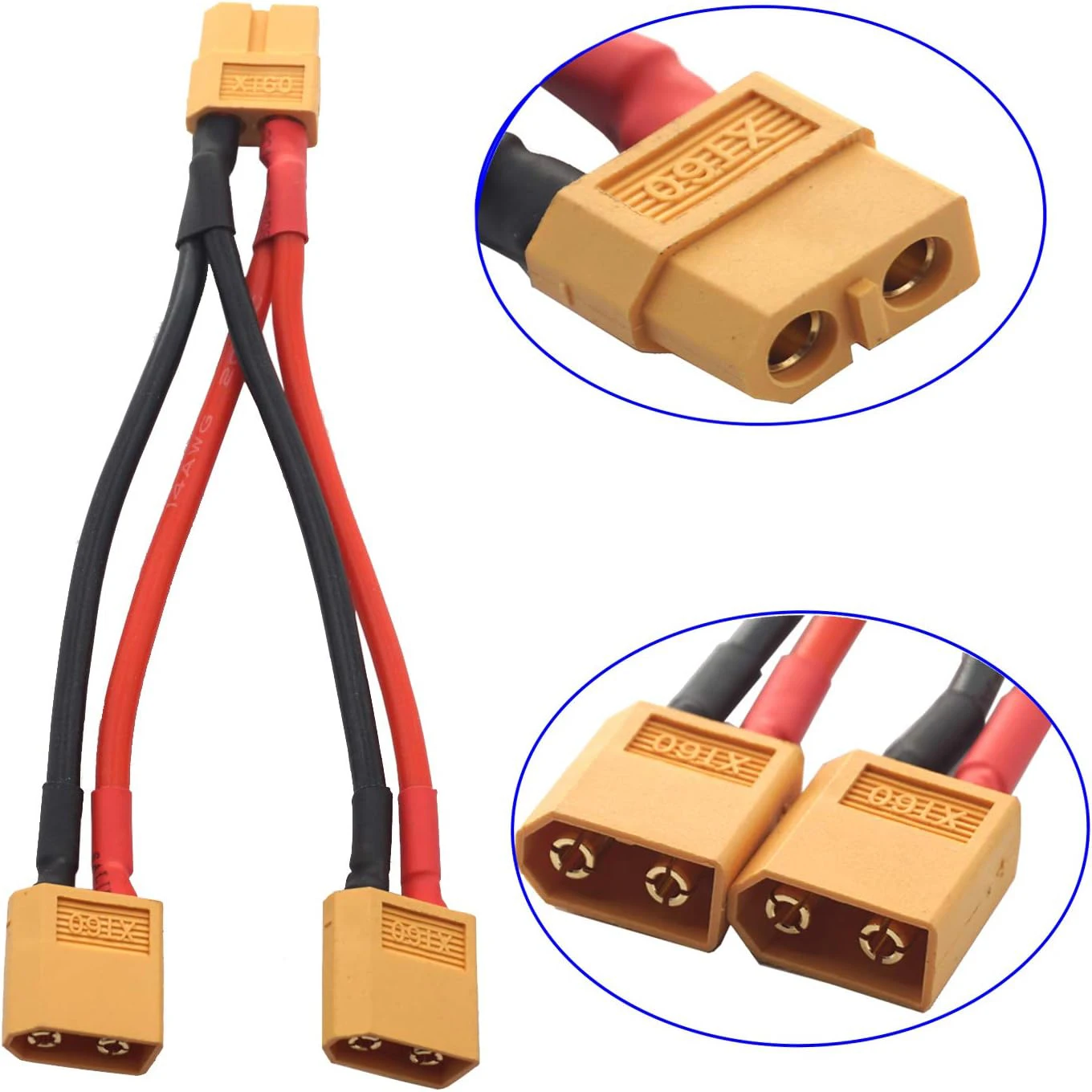 2PCS 14AWG XT60 Parallel Battery Connector 2-Male to 1-Female XT-60 Cable Dual Extension Y Splitter Harness Adapter for RC