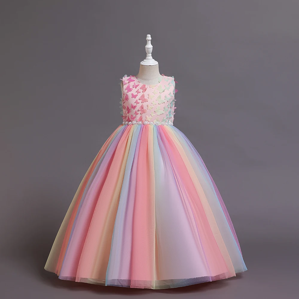 HETISO Flower Girls Dress Butterfly Beading Children Christmas Costume Kids Pageant Party Bridesmaid Princess Ball Gown 10 12Y