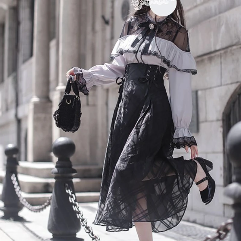 اليابانية القوطية Y2k لوليتا نمط تنورة مجموعة النساء الدانتيل المرقعة القوس كم طويل بلوزة سوداء حفلة ميدي تنورة دعوى ملابس حلوة #6