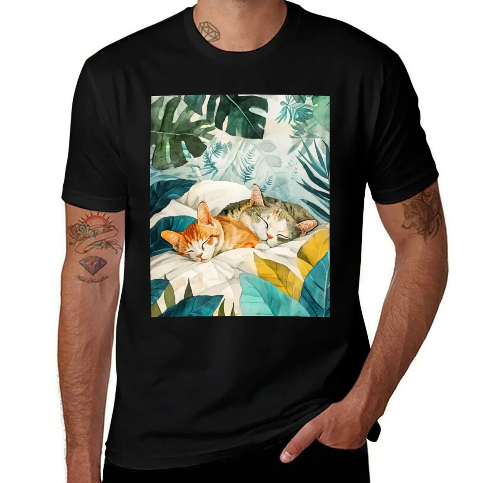

Cats in bed watercolor art #cat T-Shirt Classic Print Short Sleeve Shirt