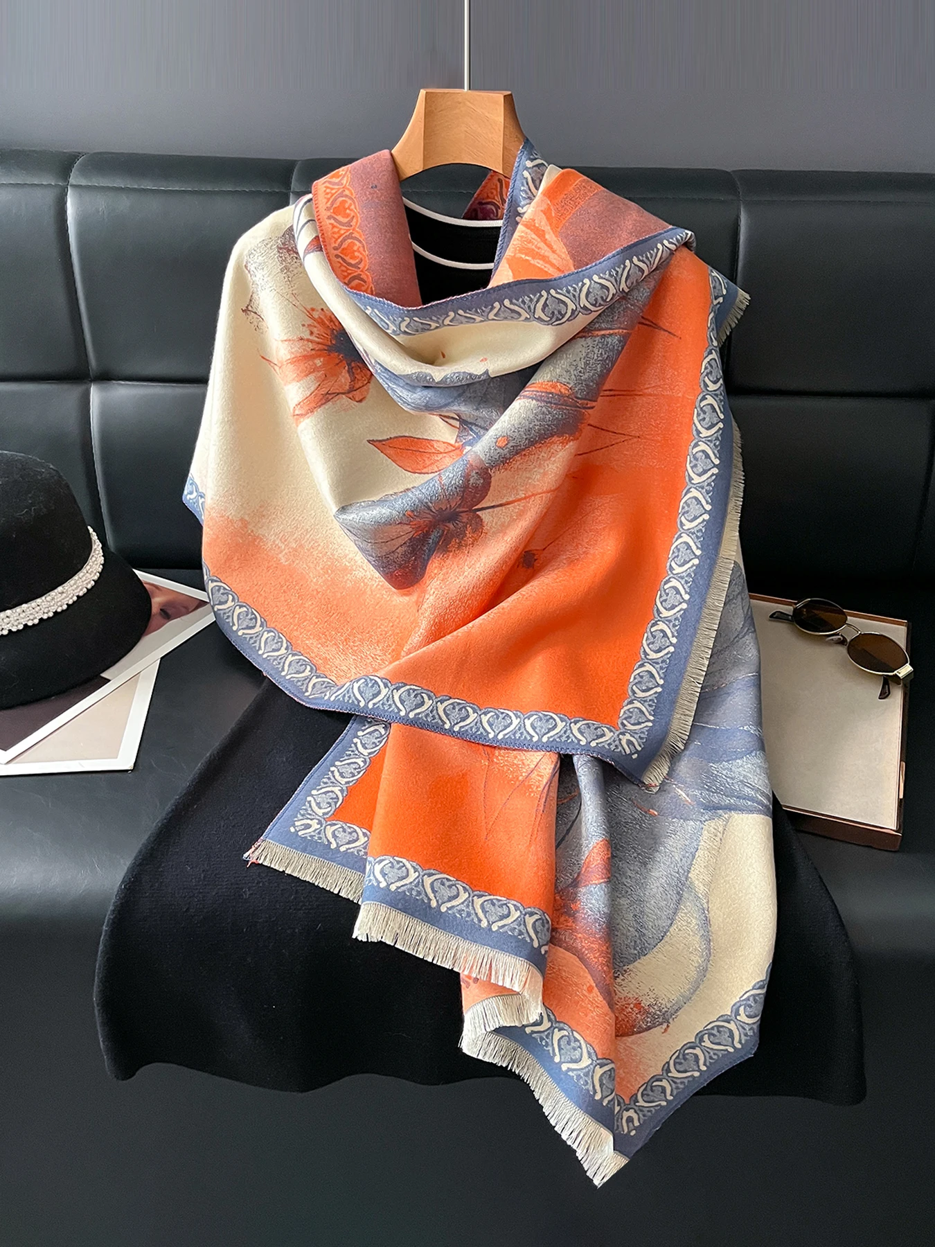 

Толстое зимнее теплое пончо в стиле пашмины с цветочным принтом и банданой Echarpe, универсальный модный аксессуар для холодной погоды