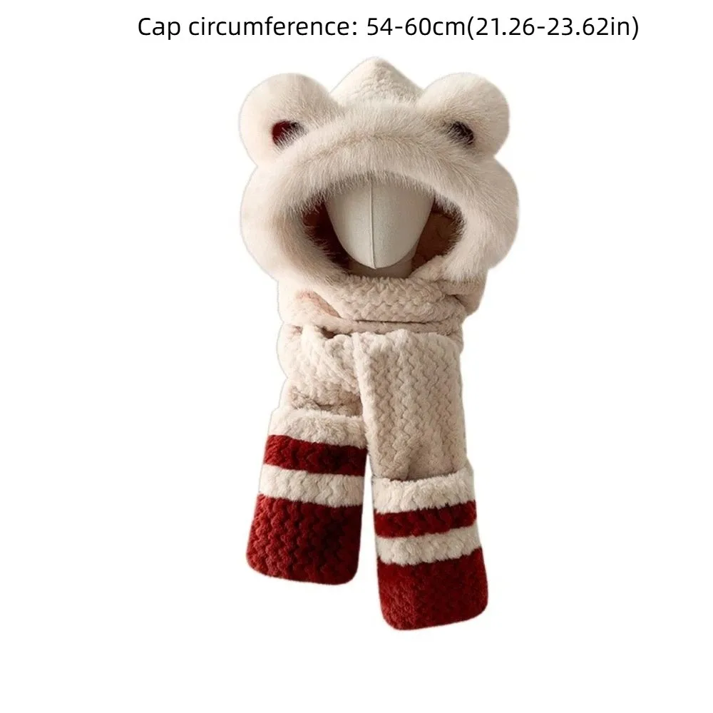 High-Value Bear Protection Hat Soft Plush Pullover Integrated Cap Gloves Scarf Thickened Design Windproof Ear Protection Hat